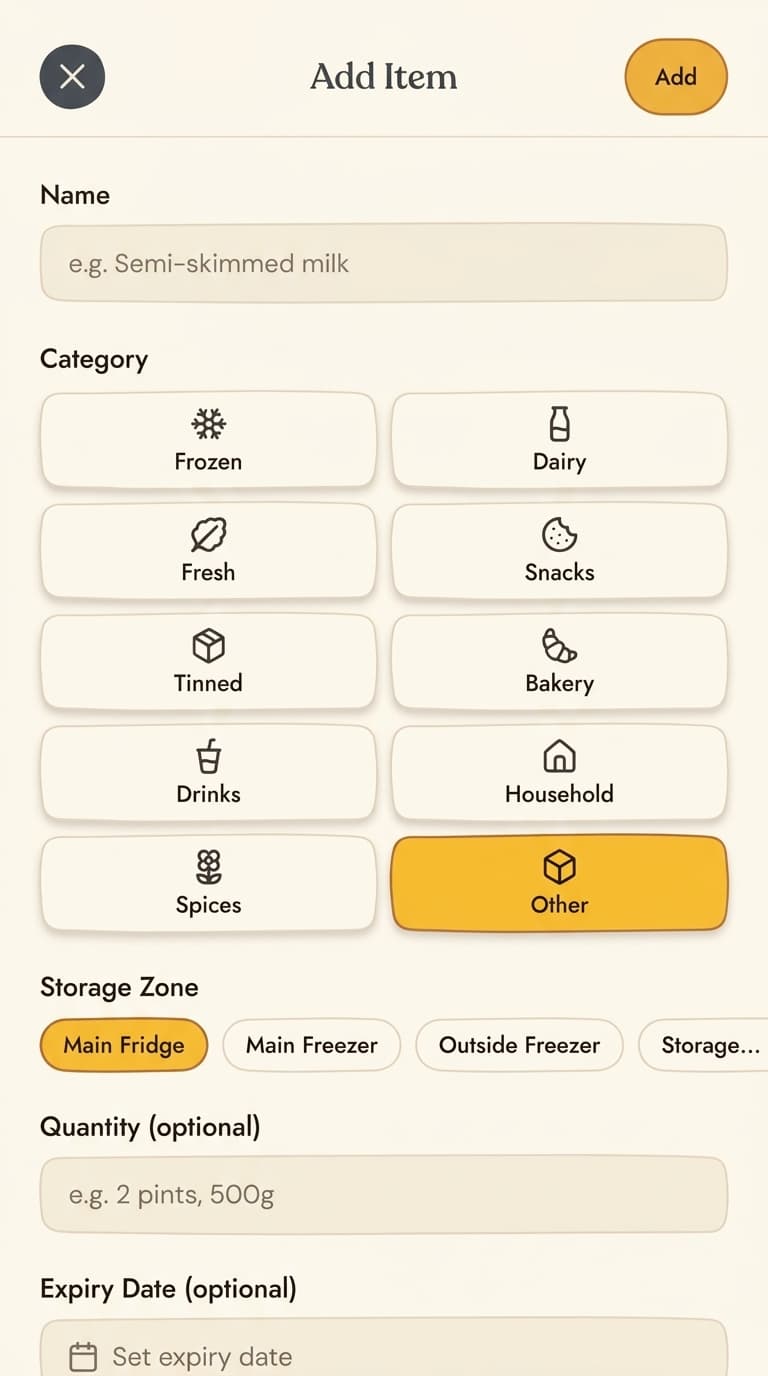 Plenishd Add Item — category selection and storage zone
