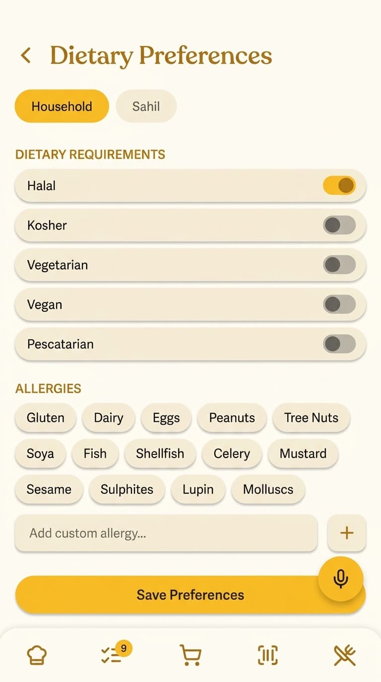 Plenishd Dietary Preferences — Halal toggle and allergy chips