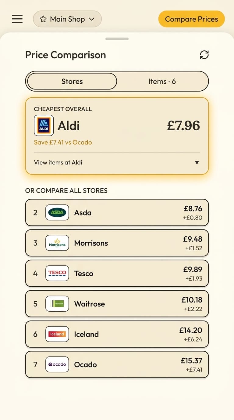 Plenishd price comparison — cheapest overall across UK supermarkets